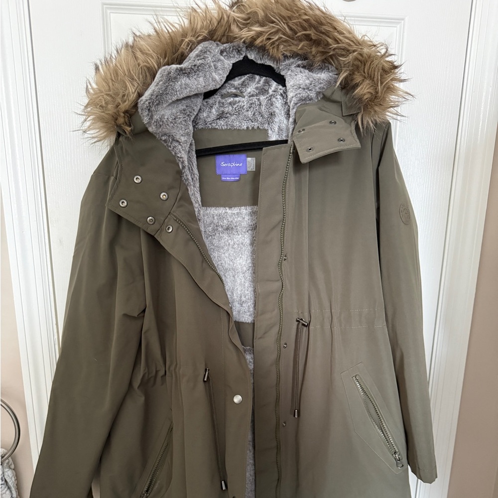 Seraphine Maternity 3-in-1 Khaki Parka with Faux Fur Trim